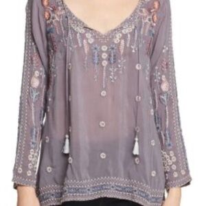 Johnny Was Embroidered V-Neck Peasant Top - Gray/Purple